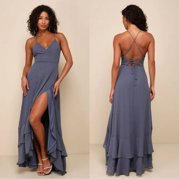 Lulus | Dresses | Nwot Lulus In Love Forever Granite Blue Laceup Highlow  Maxi Dress | Poshmark